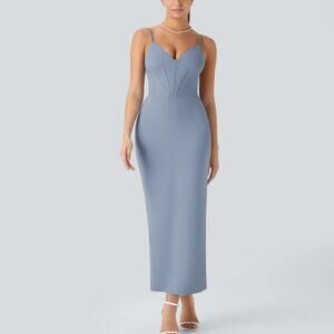 HALARA Dusty Blue Midi Dress with Spaghetti Straps